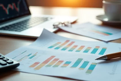 Mesa de escritório com gráficos financeiros impressos, calculadora e laptop aberta exibindo gráficos de investimentos