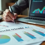 Pessoa analisando gráfico financeiro e documento sobre previdência privada em mesa com calculadora e laptop