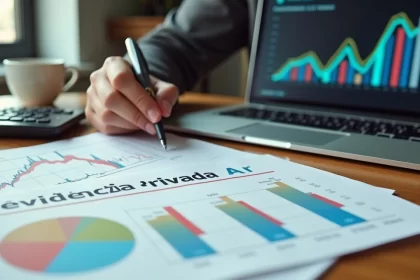 Pessoa analisando gráfico financeiro e documento sobre previdência privada em mesa com calculadora e laptop