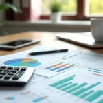 Mesa de escritório com calculadora, gráficos financeiros e planilhas sobre planejamento tributário