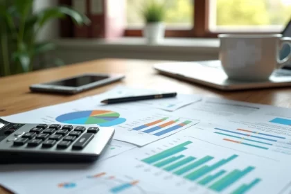 Mesa de escritório com calculadora, gráficos financeiros e planilhas sobre planejamento tributário