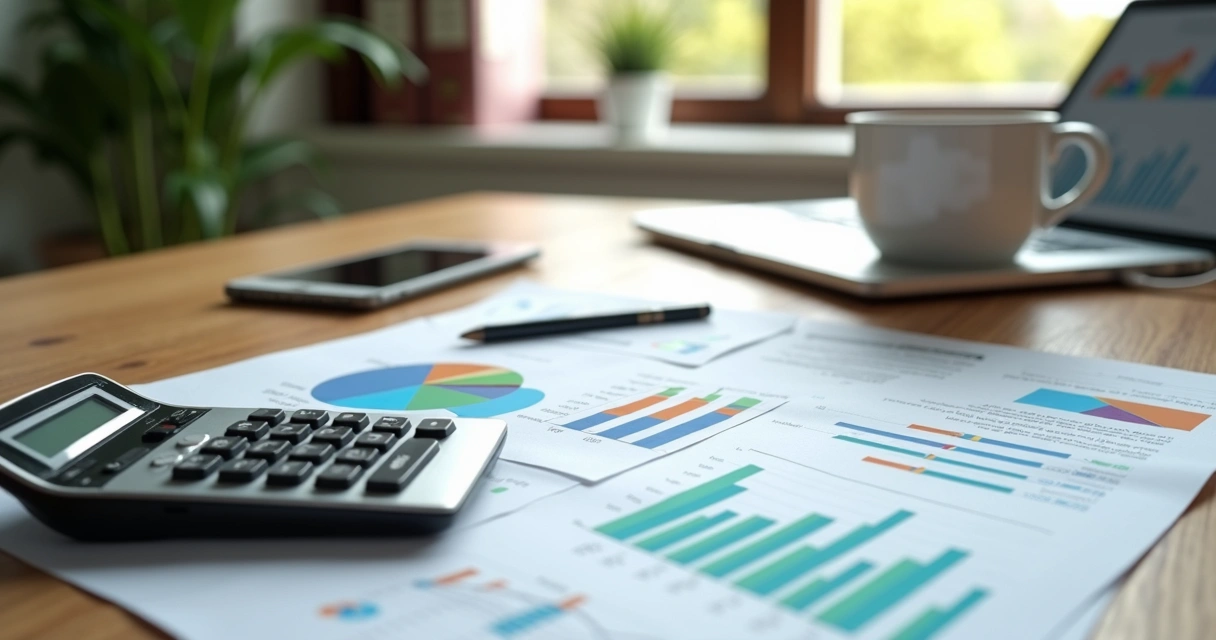 Mesa de escritório com calculadora, gráficos financeiros e planilhas sobre planejamento tributário