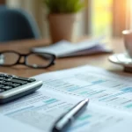 Mesa com documentos financeiros, calculadora e óculos para planejar aposentadoria