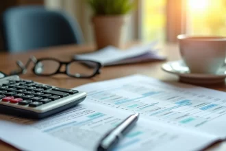 Mesa com documentos financeiros, calculadora e óculos para planejar aposentadoria