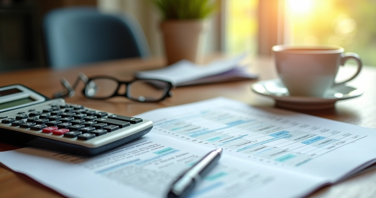 Mesa com documentos financeiros, calculadora e óculos para planejar aposentadoria