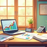 Escritório organizado com documentos financeiros, laptop e planta, simbolizando planejamento financeiro eficaz para empreendedores.