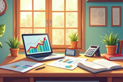 Escritório organizado com documentos financeiros, laptop e planta, simbolizando planejamento financeiro eficaz para empreendedores.