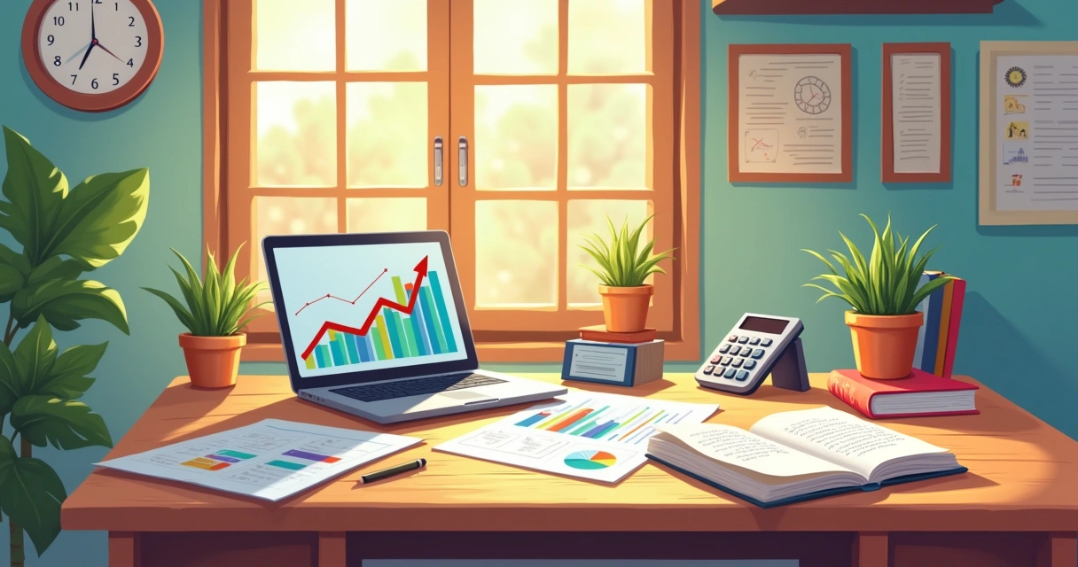 Escritório organizado com documentos financeiros, laptop e planta, simbolizando planejamento financeiro eficaz para empreendedores.