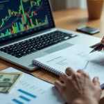 Mesa de escritório com computador, gráficos financeiros e cédulas representando renda passiva