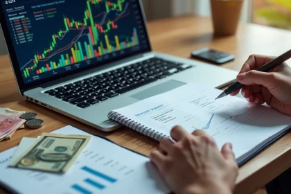 Mesa de escritório com computador, gráficos financeiros e cédulas representando renda passiva