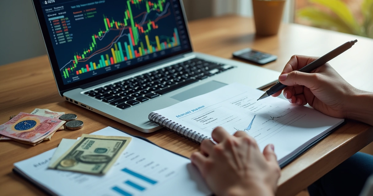 Mesa de escritório com computador, gráficos financeiros e cédulas representando renda passiva