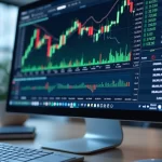 Tela de computador exibindo plataforma home broker com gráfico de ações e dados financeiros detalhados