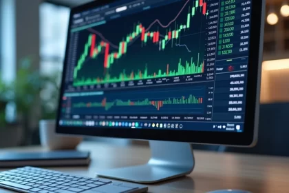 Tela de computador exibindo plataforma home broker com gráfico de ações e dados financeiros detalhados