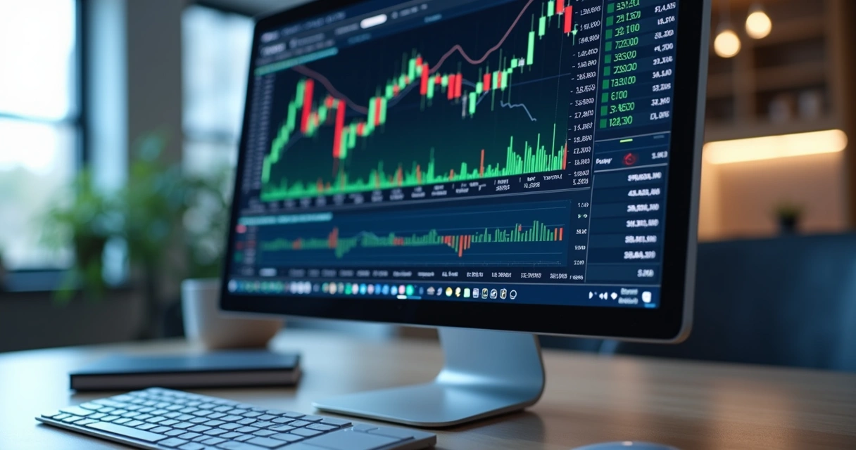 Tela de computador exibindo plataforma home broker com gráfico de ações e dados financeiros detalhados