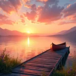 Paisagem serena com pôr do sol, lago tranquilo e um cais de madeira à frente.