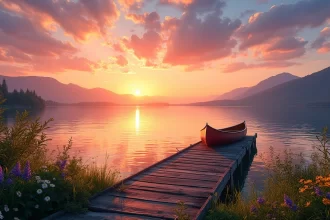 Paisagem serena com pôr do sol, lago tranquilo e um cais de madeira à frente.