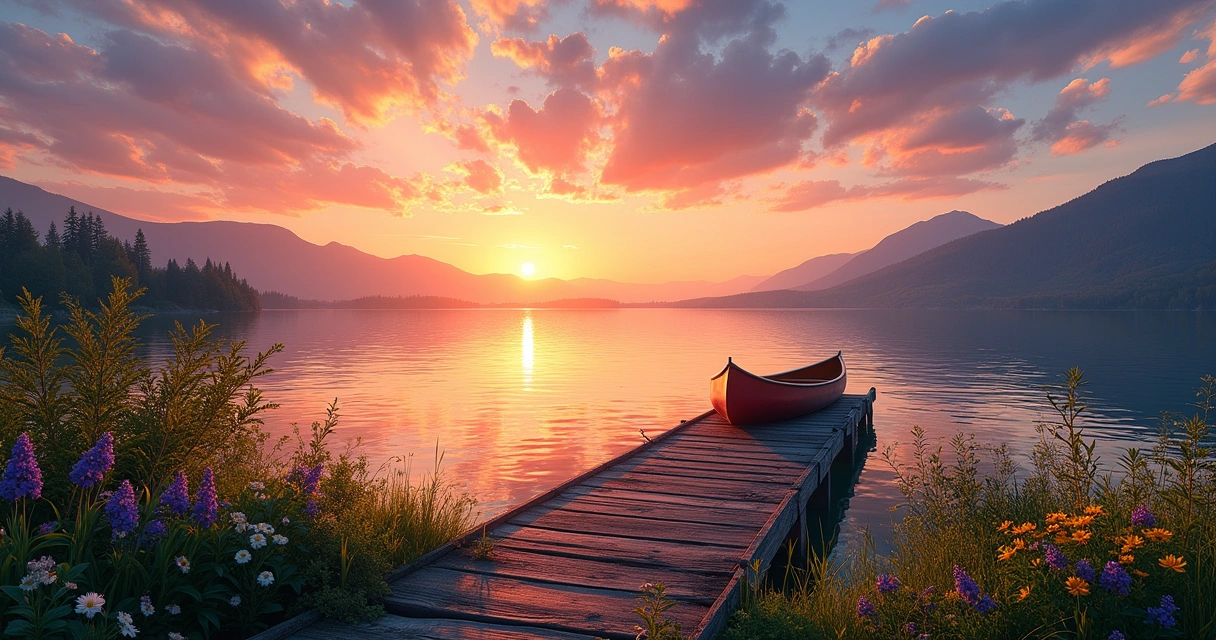 Paisagem serena com pôr do sol, lago tranquilo e um cais de madeira à frente.