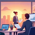 Grupo de profissionais de finanças trabalhando em escritório moderno, com gráficos e dados financeiros.