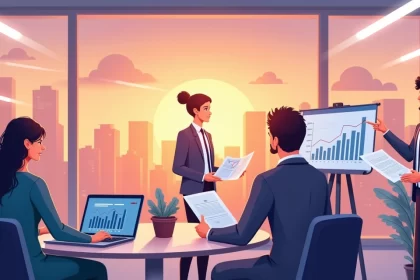 Grupo de profissionais de finanças trabalhando em escritório moderno, com gráficos e dados financeiros.