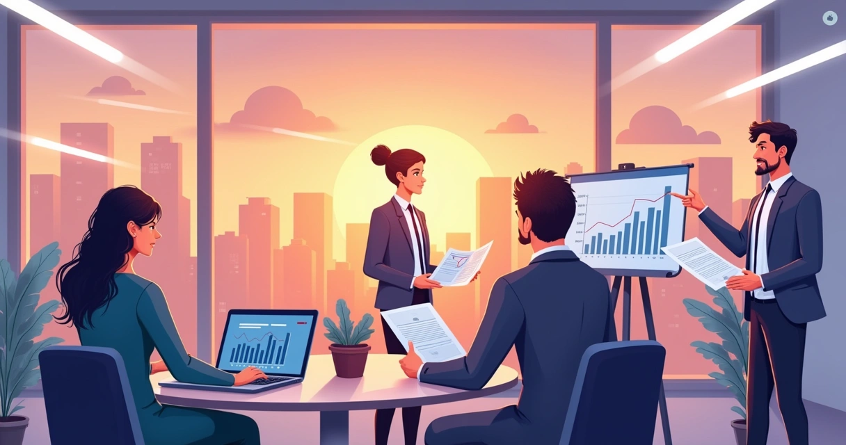 Grupo de profissionais de finanças trabalhando em escritório moderno, com gráficos e dados financeiros.