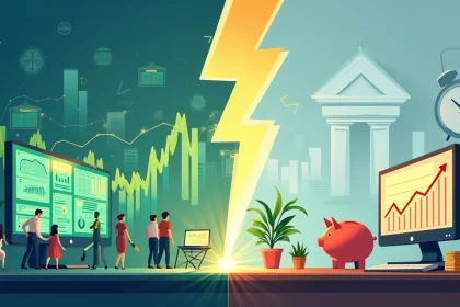 Ilustração sobre Renda Variável e Renda Fixa, com mercados agitados e bancos tranquilos.