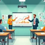 Ilustração de uma sala de aula moderna com alunos participando de um curso sobre investimentos.