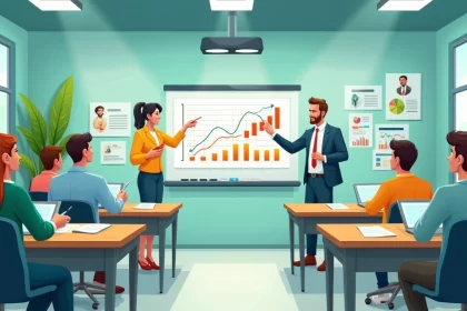 Ilustração de uma sala de aula moderna com alunos participando de um curso sobre investimentos.