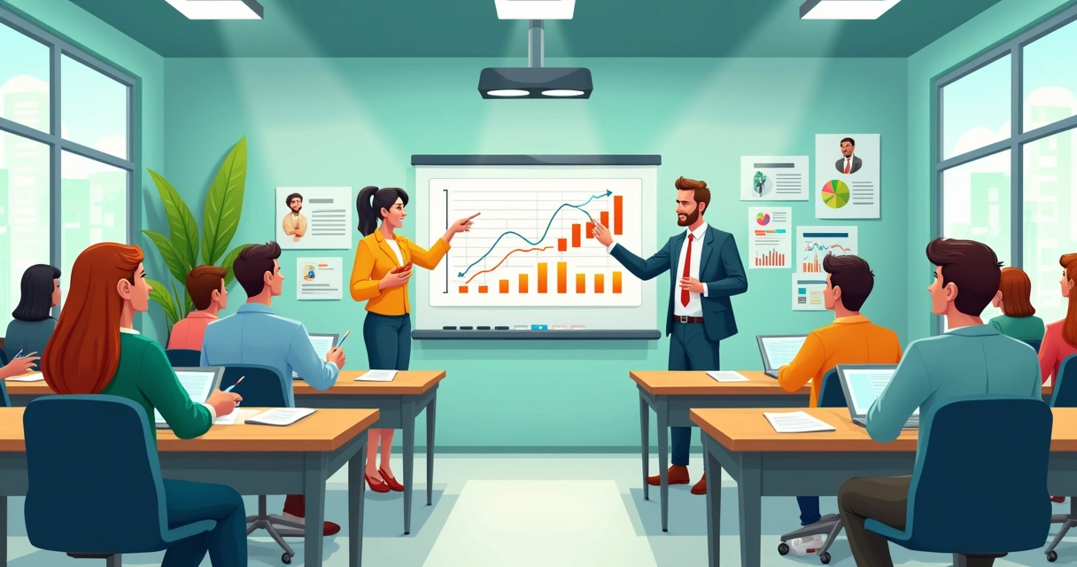 Ilustração de uma sala de aula moderna com alunos participando de um curso sobre investimentos.