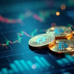 Representação de stablecoins digitais com moedas virtuais e gráficos financeiros ao fundo