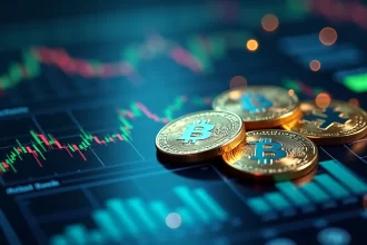 Representação de stablecoins digitais com moedas virtuais e gráficos financeiros ao fundo