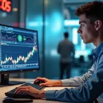 Trader operando em computador com gráficos financeiros na tela em ambiente de escritório