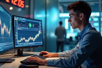 Trader operando em computador com gráficos financeiros na tela em ambiente de escritório