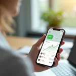 Smartphone exibindo tela de aplicativo financeiro com gráfico e ícone do Pix ativo