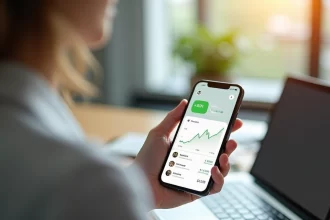 Smartphone exibindo tela de aplicativo financeiro com gráfico e ícone do Pix ativo