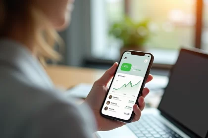 Smartphone exibindo tela de aplicativo financeiro com gráfico e ícone do Pix ativo