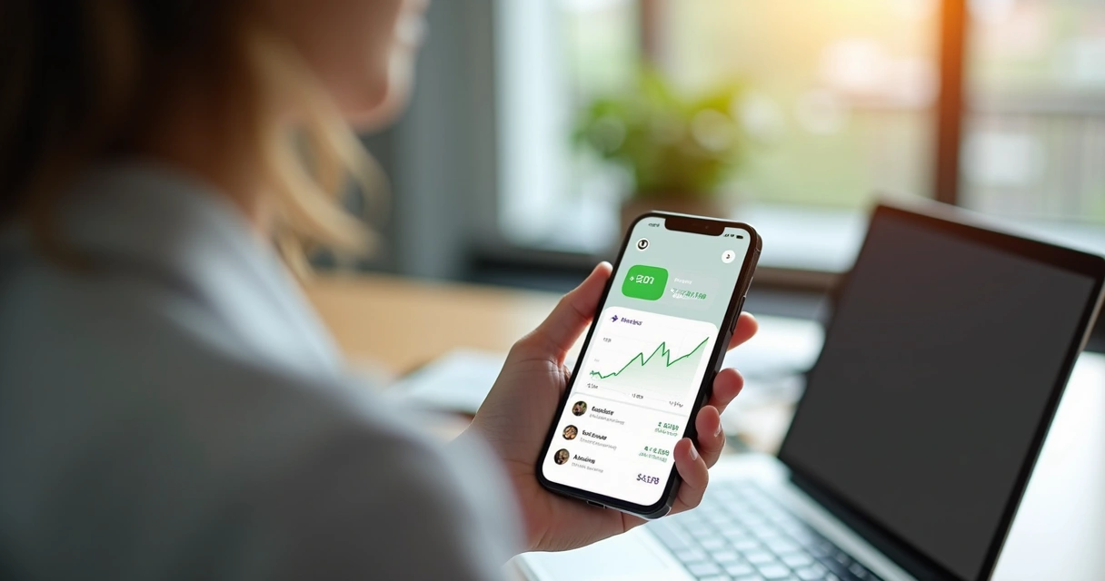 Smartphone exibindo tela de aplicativo financeiro com gráfico e ícone do Pix ativo