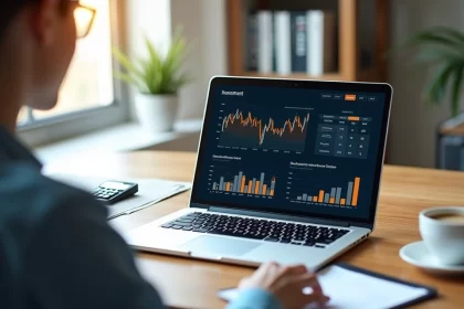 Pessoa analisando gráficos financeiros em laptop para portabilidade de investimentos