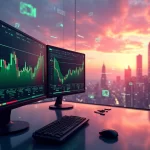 Ilustração digital mostrando a transformação da inteligência artificial no mercado financeiro com gráficos, cédulas e cidade futurista.