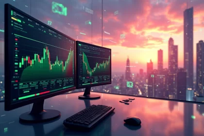 Ilustração digital mostrando a transformação da inteligência artificial no mercado financeiro com gráficos, cédulas e cidade futurista.