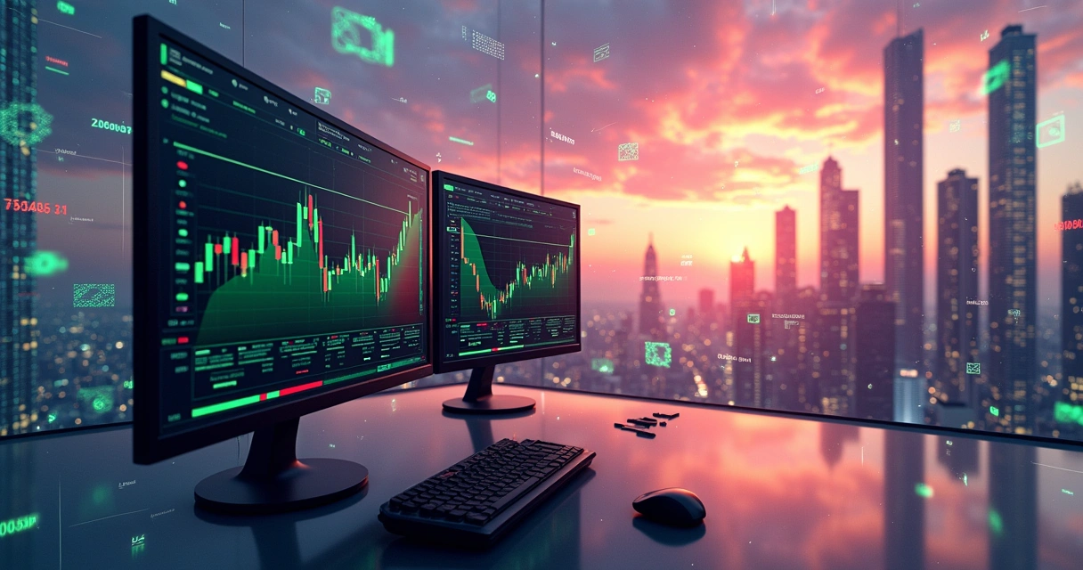 Ilustração digital mostrando a transformação da inteligência artificial no mercado financeiro com gráficos, cédulas e cidade futurista.