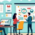 Ilustração de um workshop sobre marketing digital com empreendedores, ferramentas e gráficos coloridos.