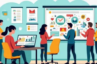 Ilustração de um workshop sobre marketing digital com empreendedores, ferramentas e gráficos coloridos.