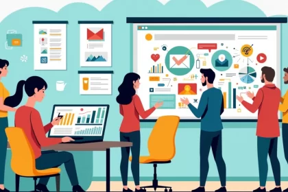 Ilustração de um workshop sobre marketing digital com empreendedores, ferramentas e gráficos coloridos.