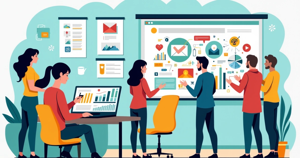 Ilustração de um workshop sobre marketing digital com empreendedores, ferramentas e gráficos coloridos.